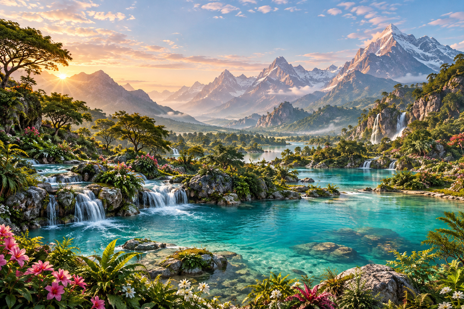 Turquoise water winds through a flowering garden beneath majestic mountains.